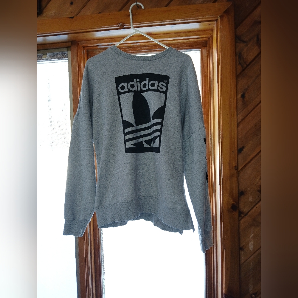 Adidas Heather Gray Sweatshirt with Black Graphics, Zipper On Low Right Hip